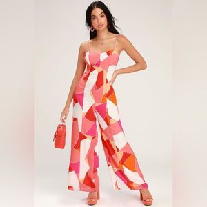 Lulu’s Guava Isle Coral Pink Multi Print Lace-Up Wide-Leg Jumpsuit